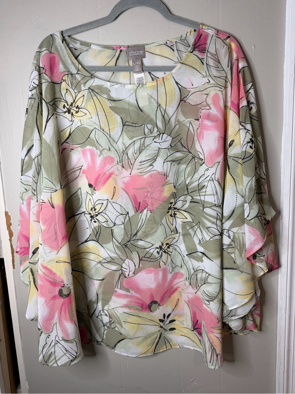 Chico’s Floral Print Overlay Top L/XL Pink Sage Green Flowy Tunic